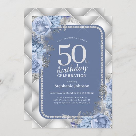 Silver Blue 50th Birthday Invitation (Devant / Derrière)