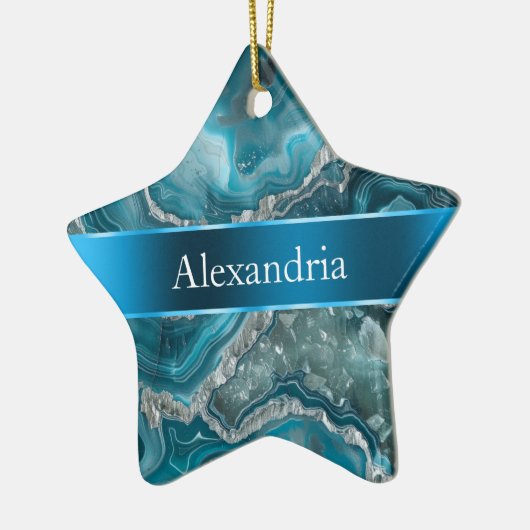 Silver Blue Aqua Glam Glitz Kerstnaam Keramisch Ornament (Links)
