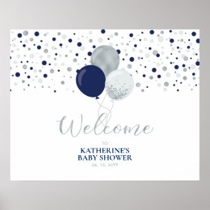 Silver & Blue Balloons Moderne Baby shower Welkom Poster