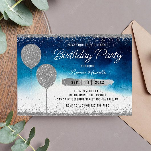 Silver & Blue Birthday Invitation Kaart