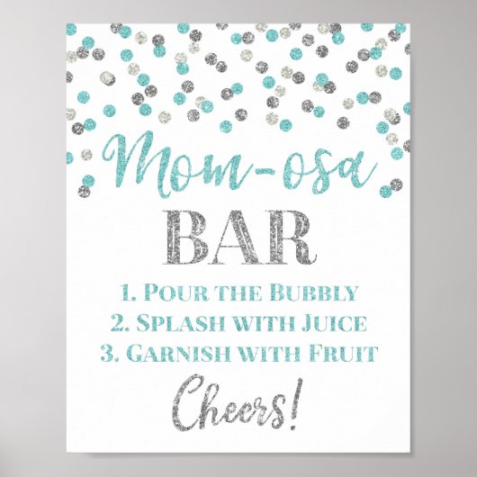 Silver Blue Confetti Mam-osa Bar Baby shower Poster (Voorkant)