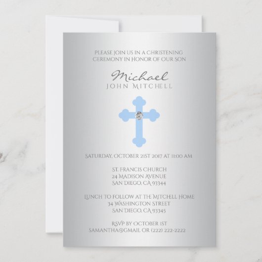 Silver Blue Cross Christening/Baptism Boy Invite Kaart (Voorkant)