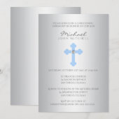 Silver Blue Cross Christening/Baptism Boy Invite Kaart (Voorkant / Achterkant)