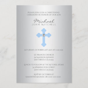 Silver Blue Cross Christening/Baptism Boy Invite Kaart