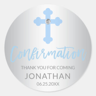 Silver Blue Cross CONFIRMATION Boy Dank u Ronde Sticker
