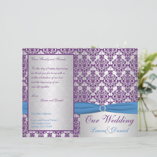 Silver, Blue en Paarse Damask Wedding Program (Staand voorkant)