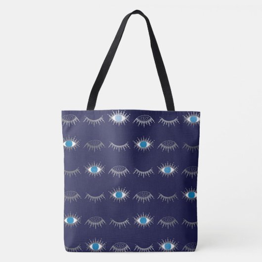 Silver Blue Evil Eye Eyelashes Nazar Mati Pattern Draagtas (Voorkant)
