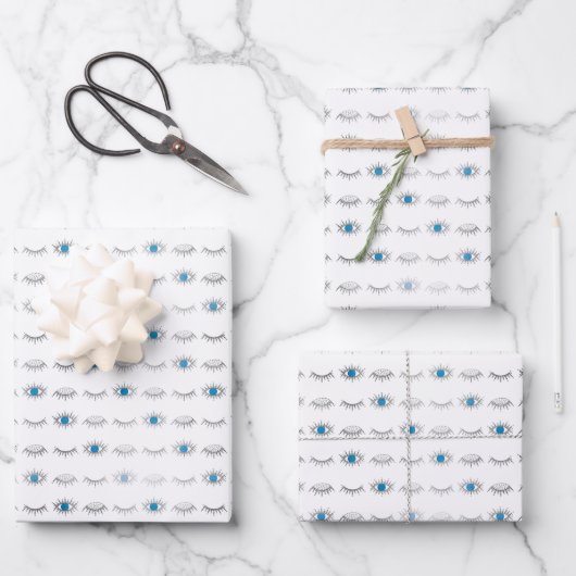 Silver Blue Evil Eye Eyelashes Nazar Mati Pattern Inpakpapier Vel (Voorkant)
