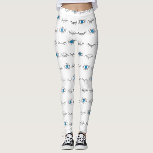 Silver Blue Evil Eye Eyelashes Nazar Mati Pattern Leggings (Voorkant)