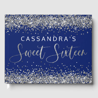 Silver Blue Faux Glitter Sweet Sixteen Gastenboek