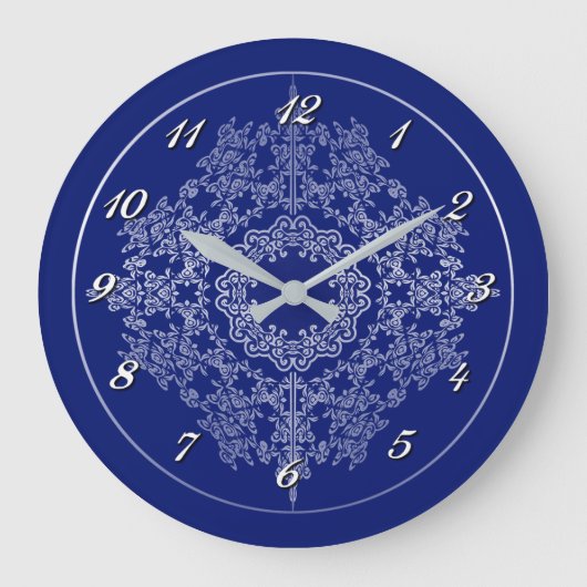Silver & Blue Filigree Motif Wall Clock Grote Klok (Voorkant)
