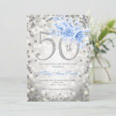 Silver Blue Floral 50th Birthday Glam Lights Kaart (Staand voorkant)