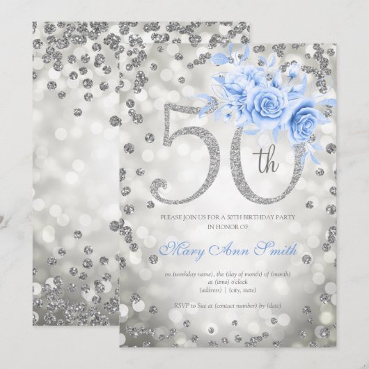 Silver Blue Floral 50th Birthday Glam Lights Kaart (Voorkant / Achterkant)