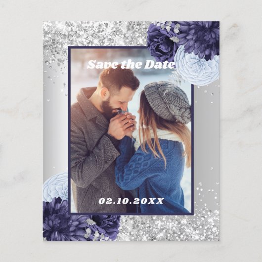 Silver blue floral foto Save the Date bruiloft (Voorkant)