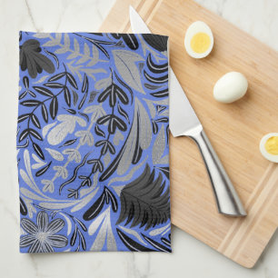 Silver Blue Floral Leaves Illustration Pattern Theedoek