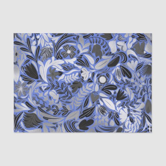 Silver Blue Floral Leaves Illustration Pattern Tissuepapier (Voorkant)