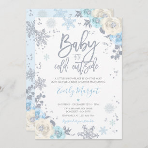 Silver & Blue Floral Winter Baby shower Snowflake Kaart