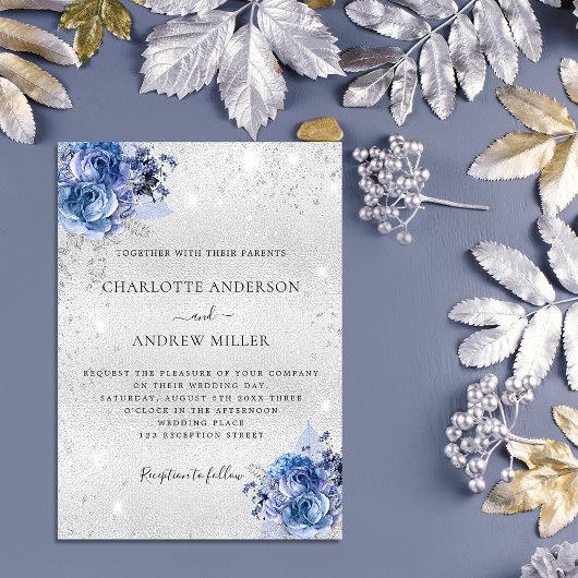 Silver blue florals elegant bruiloft kaart
