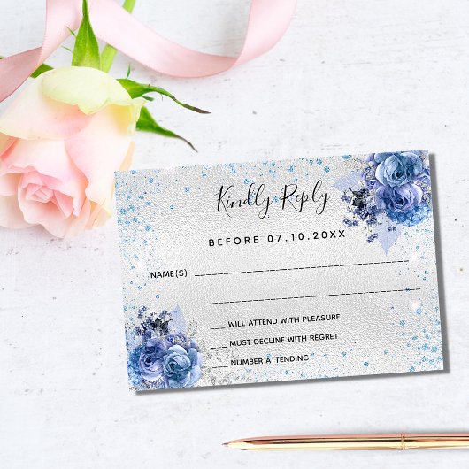 Silver blue florals elegant bruiloft RSVP
