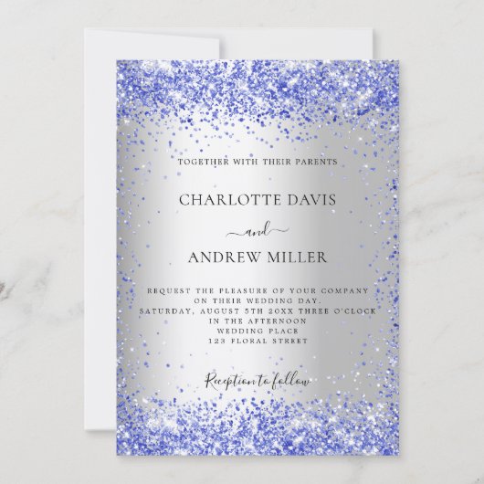 Silver blue glitter formal elegant bruiloft kaart (Voorkant)