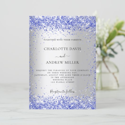 Silver blue glitter formal elegant bruiloft kaart (Staand voorkant)