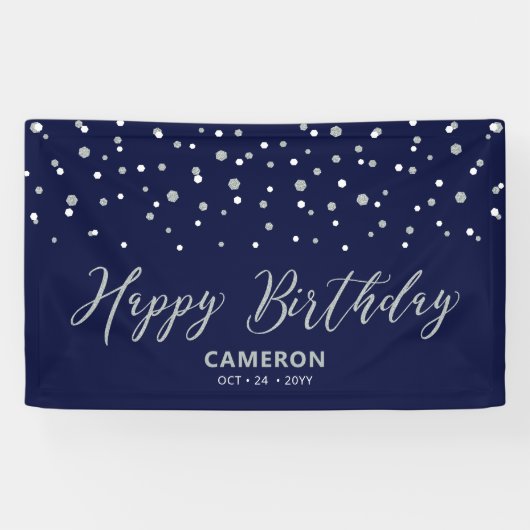Silver & Blue Hexagon Confetti Happy Birthday Spandoek (Horizontaal)