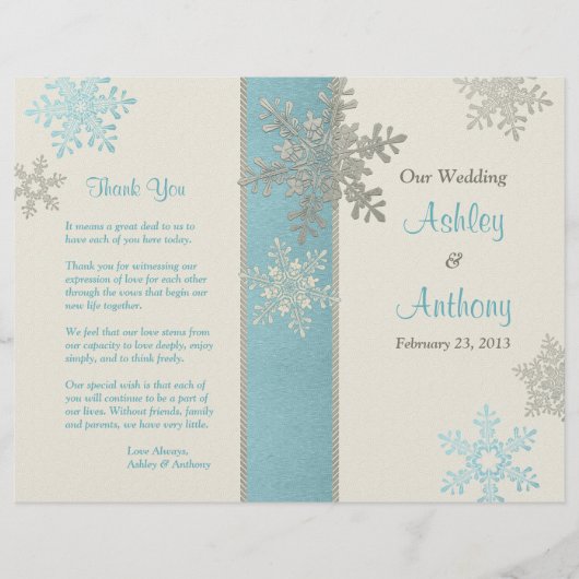 Silver Blue Ivory Snowflake Winter Wedding Program (Voorkant)