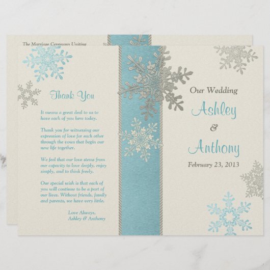 Silver Blue Ivory Snowflake Winter Wedding Program (Voorkant / Achterkant)