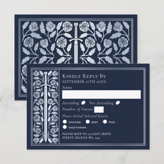 Silver Blue Medieval Sword Wedding RSVP (Devant / Derrière)