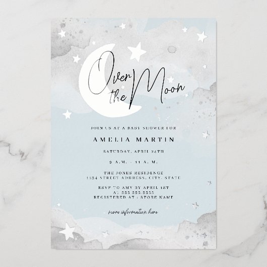Silver Blue Over the Moon Baby shower Folie Folie Uitnodiging (Voorkant)