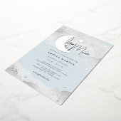 Silver Blue Over the Moon Baby shower Folie Folie Uitnodiging (Gedraaid)