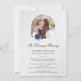 Silver Blue Pink Floral Foto Memorial Kaart