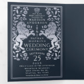 Silver Blue Royal Médieval Lion Mariage Tri-Fold (Intérieur en premier)