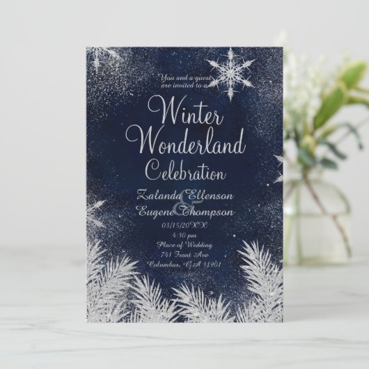 Silver blue snewflake bruiloft wonderland kaart (Staand voorkant)