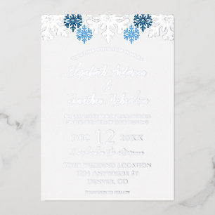 Silver Blue Snowflakes Winter Wedding Folie Uitnodiging