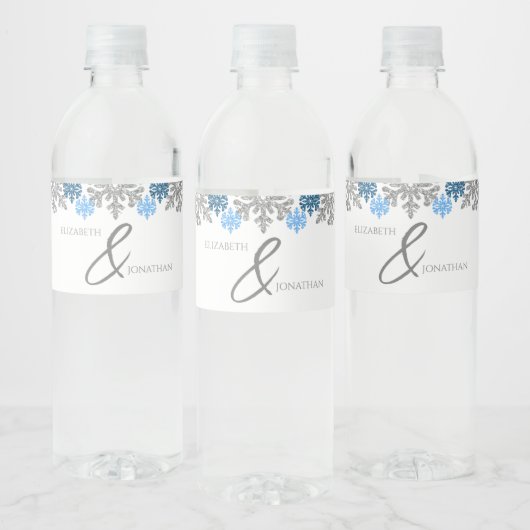 Silver Blue Snowflakes Winter Wedding Waterfles Etiket (Flessen)
