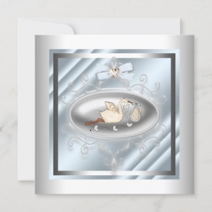 Silver Blue Stork Baby Boy Shower Kaart