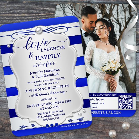 Silver Blue Striped Happily Ever After Wedding Kaart