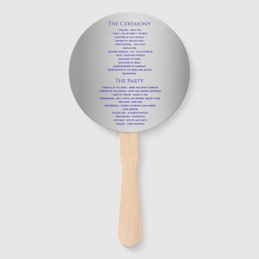 Silver Blue Wedding Program Handwaaier (Achterkant)