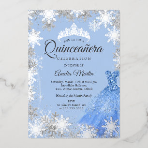 Silver Blue Winter Snowflake Quinceanera Folie Uitnodiging