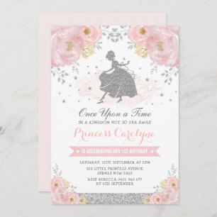 Silver Blush Floral Princess Cinderella Birthday Kaart