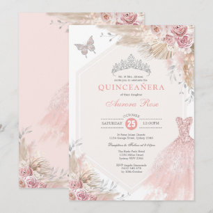 Silver Blush Pink Boho Floral Quinceañera Birthday Kaart