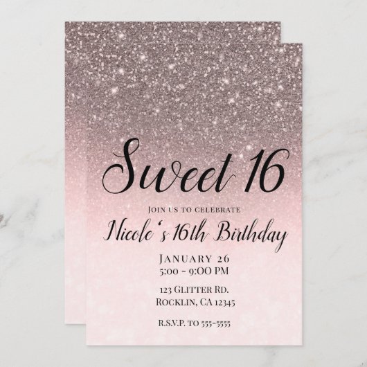 Silver & Blush Pink Glitter Sparkle Glam Sweet 16 Kaart (Voorkant / Achterkant)