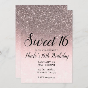 Silver & Blush Pink Glitter Sparkle Glam Sweet 16 Kaart