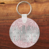 Silver blush roze glitter druppelt monogram initia sleutelhanger (Voorkant)