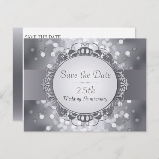 Silver Bokeh Bewaar de datum 25e Jubileum Aankondigingskaart (Voorkant / Achterkant)