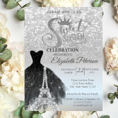 Silver Bokeh Black Dress Eiffel Tower Sweet 16 Kaart