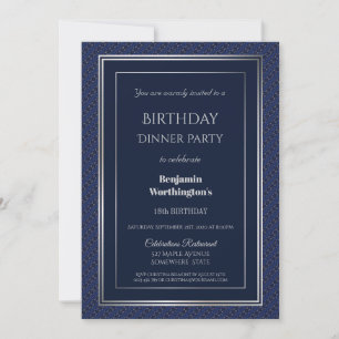 Silver Border Blue 18th Birthday Dinner Kaart