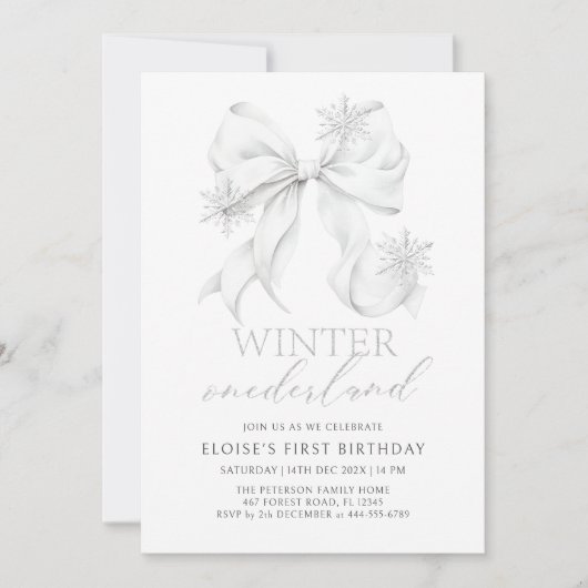 Silver Bow Winter Onederland 1st Birthday Kaart (Voorkant)