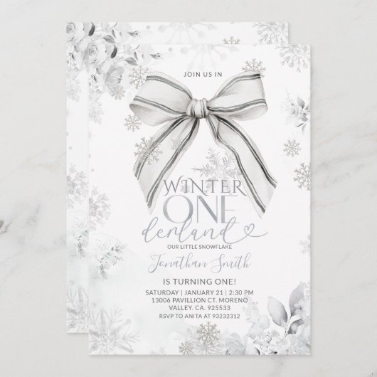 Silver Bow Winter Onederland Snowfall 1st Birthday Kaart (Voorkant / Achterkant)